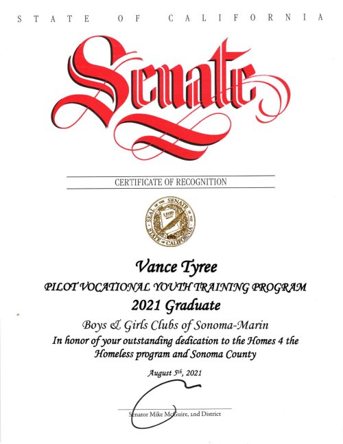 Certificate Vance Tyree