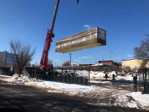 Crane Operation photo from 2021 delivery of modular housing to Newark, New Jersey